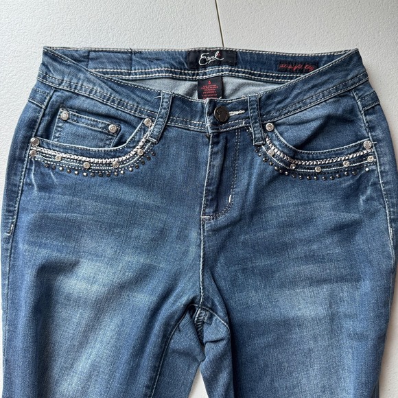 Earl Jean Jeans Womens 4 Blue Mid Rise Straight Leg Lace Rhinestone Studded - Picture 5 of 9